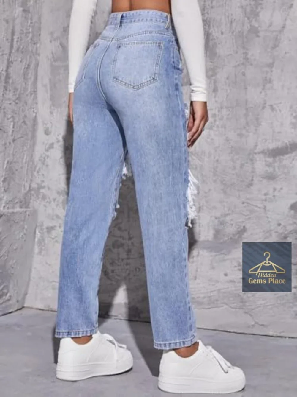 High Waist Boyfriend Straight Leg Ripped Jeans Distressed Denim Pants